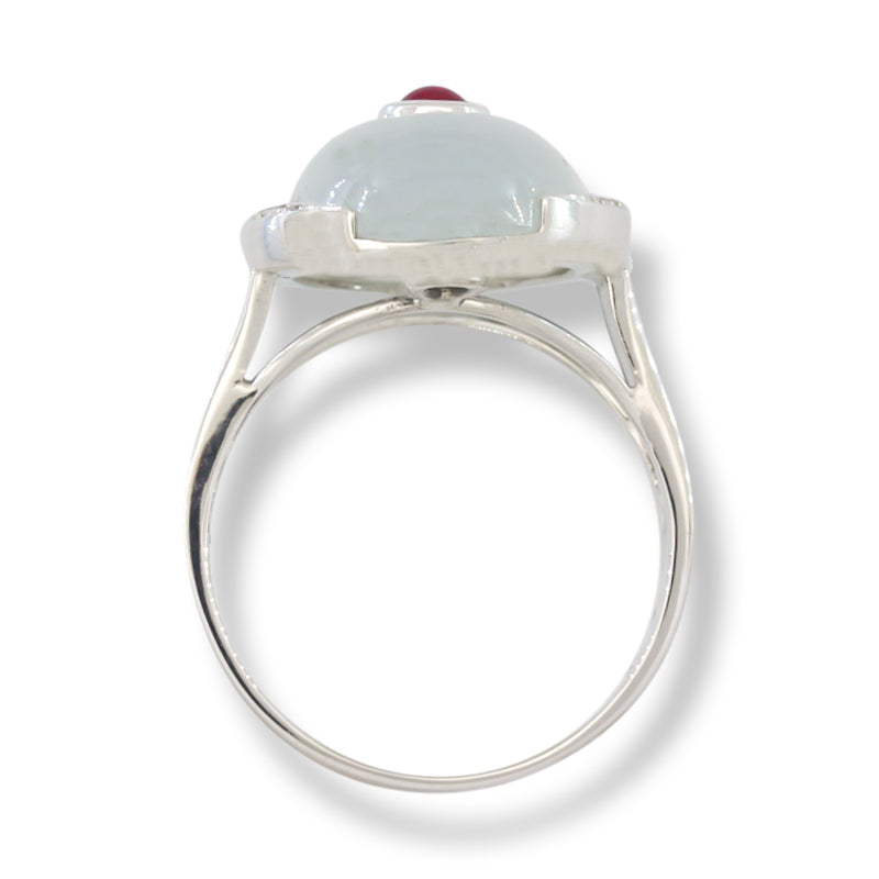 18K White Gold Ice Jadeite Jade, Diamond and Ruby Ring for Women | UPC #392151