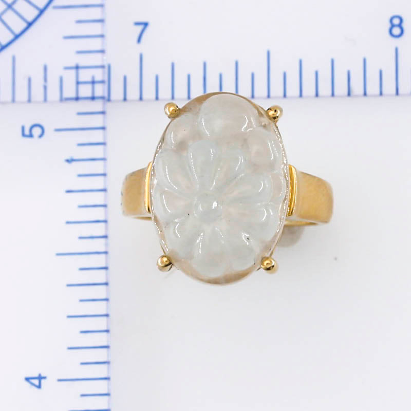 Ice Jadeite Jade Carved Floral 18k Yellow Gold Ring UPC #396142