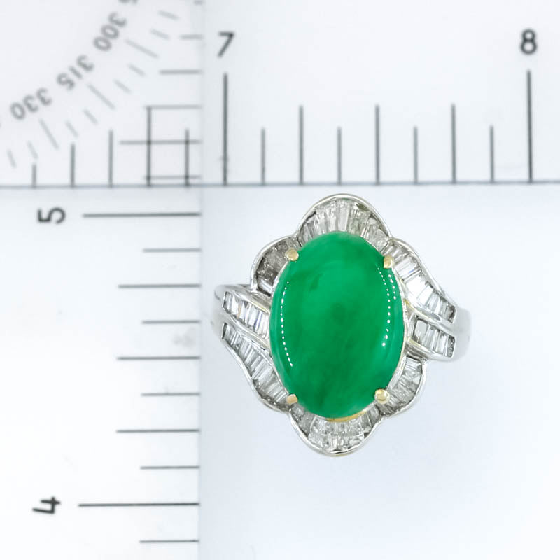 Estate Jade Ring | Vintage Green Jadeite Jade and Diamond Ring in 18K White Gold | UPC #399709