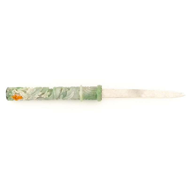 CARVED GREEN JADEITE JADE CARVED DRAGON LETTER OPENER WITH STAND UPC #144231