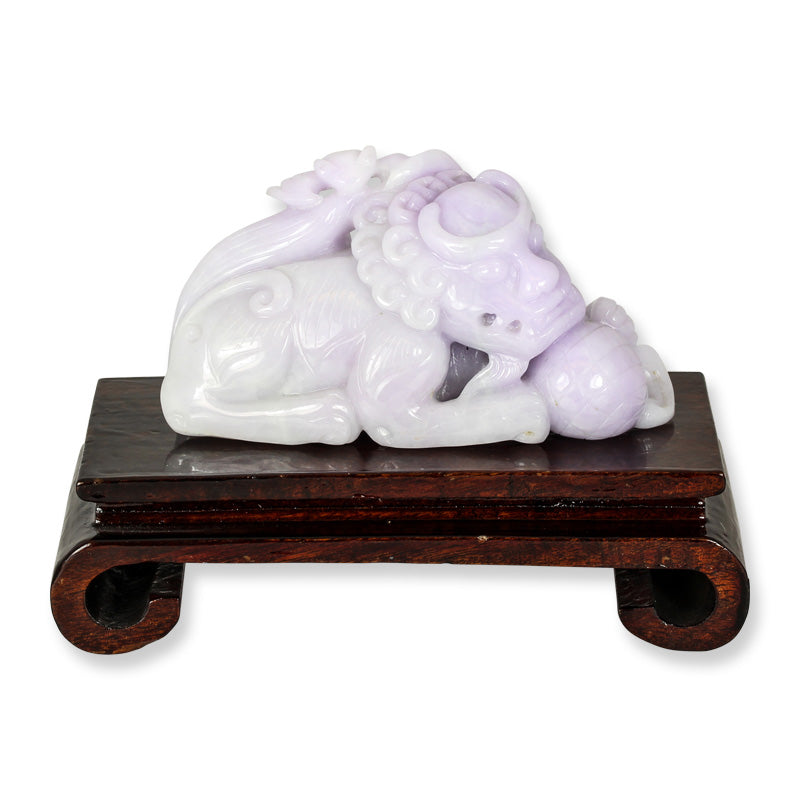 LAVENDER JADEITE JADE FU DOG WITH ORB STATUARY UPC #346741