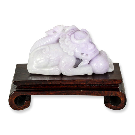 Lavender Jadeite Jade Fu Dog with Orb | Jade Statue | Purple Jade Carving | UPC #346741