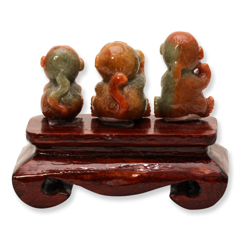 RED JADEITE JADE SET OF THREE MONKEYS CARVED STATUARY UPC #379763