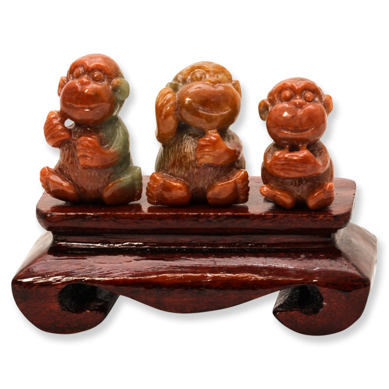 RED JADEITE JADE SET OF THREE MONKEYS CARVED STATUARY UPC #379763