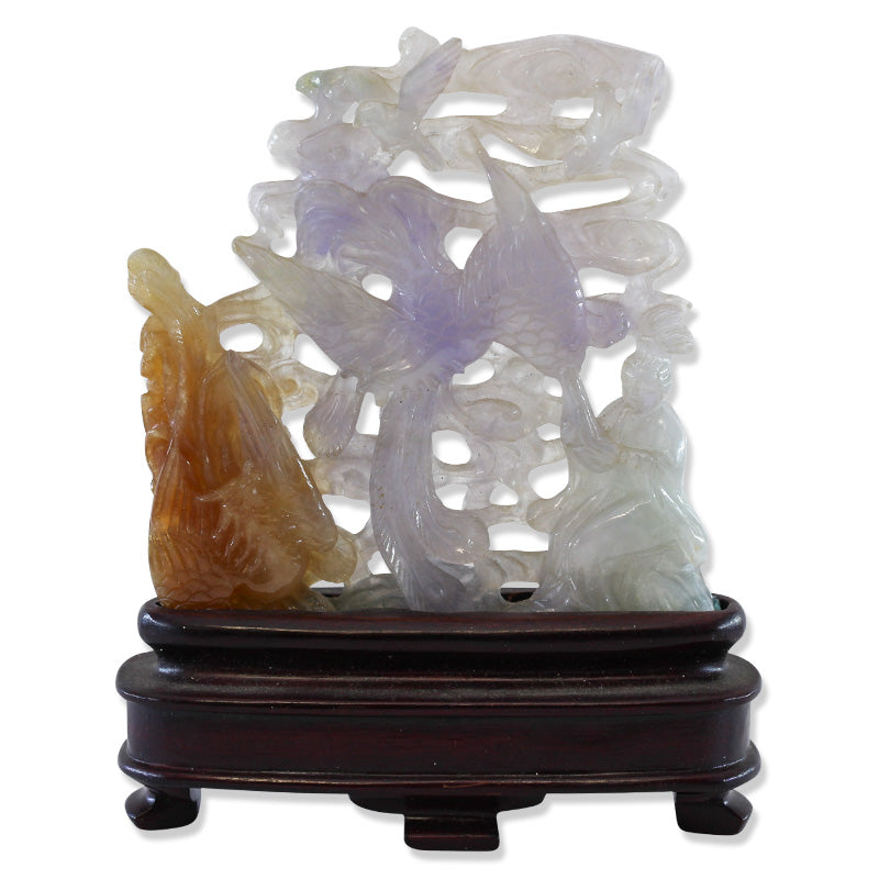 LAVENDER & RED JADEITE JADE BIRDS WITH LADY CARVED STATUARY UPC #393202