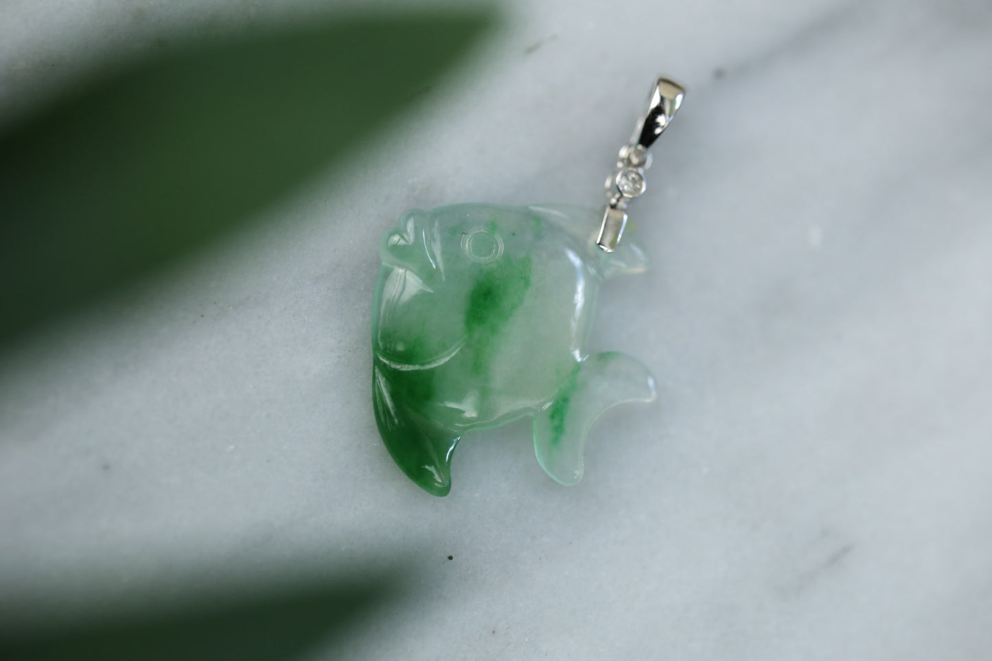 Small Ice and Green Jadeite Jade Pendant Fish Carving with Diamond Accent | UPC #388406