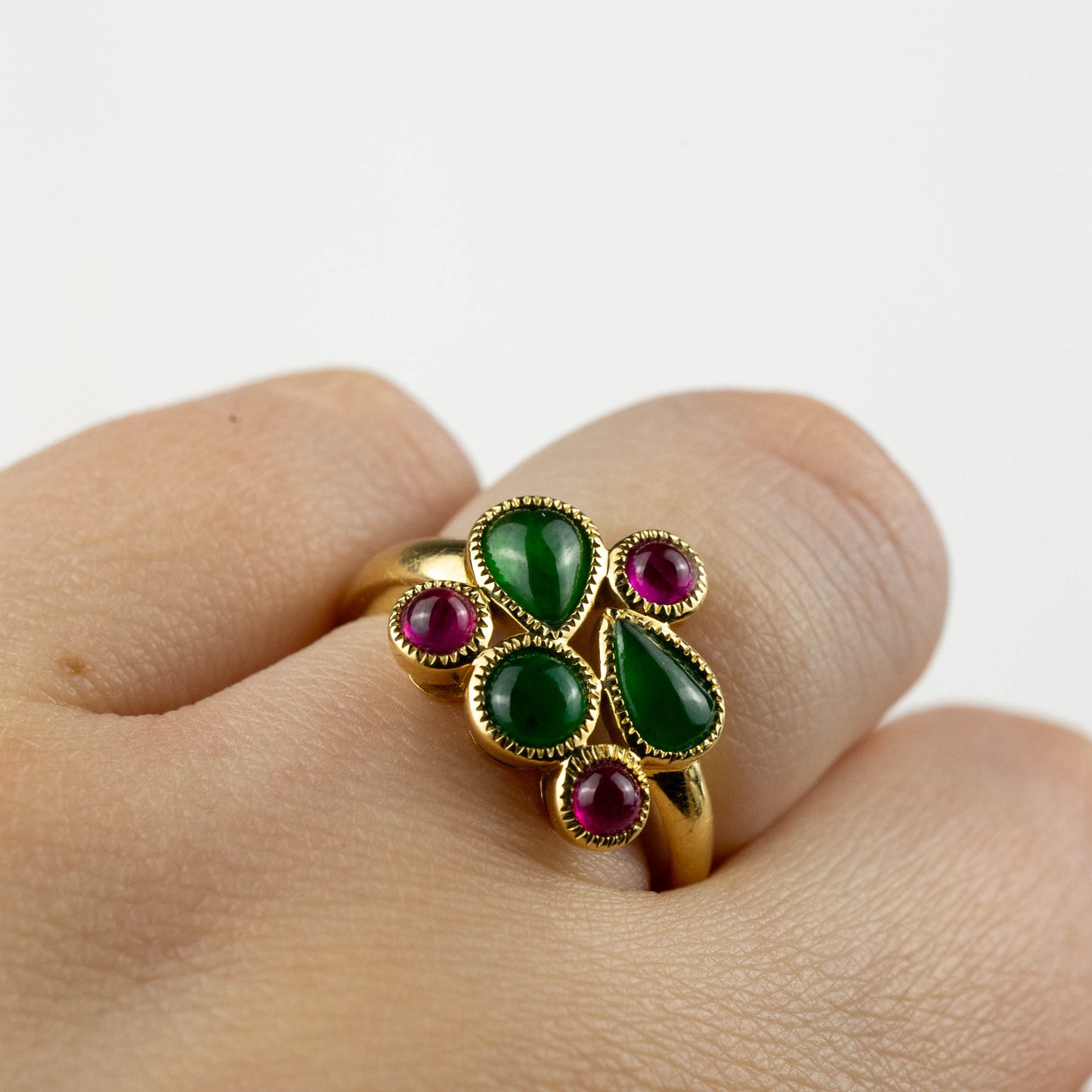 18K Yellow Gold Green Jadeite Jade and Ruby Ring | UPC #354616