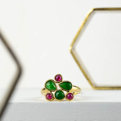 18K Yellow Gold Green Jadeite Jade and Ruby Ring | UPC #354616