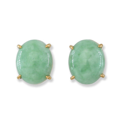 Green Jadeite Jade Oval Stud Earring In 14K Yellow Gold Jade Jewelry