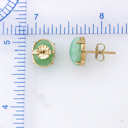 Green Jadeite Jade Oval Stud Earring In 14K Yellow Gold Jade Jewelry