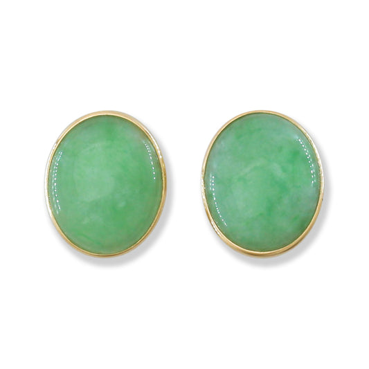 Green Jadeite Jade 14K Yellow Gold Oval Stud Earring | UPC #401921