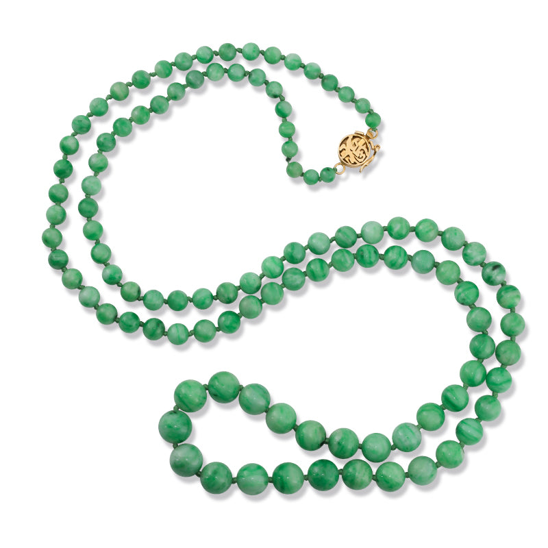 ESTATE 14K YELLOW GOLD GREEN JADEITE JADE GRADUATED BEAD NECKLACE UPC #024199