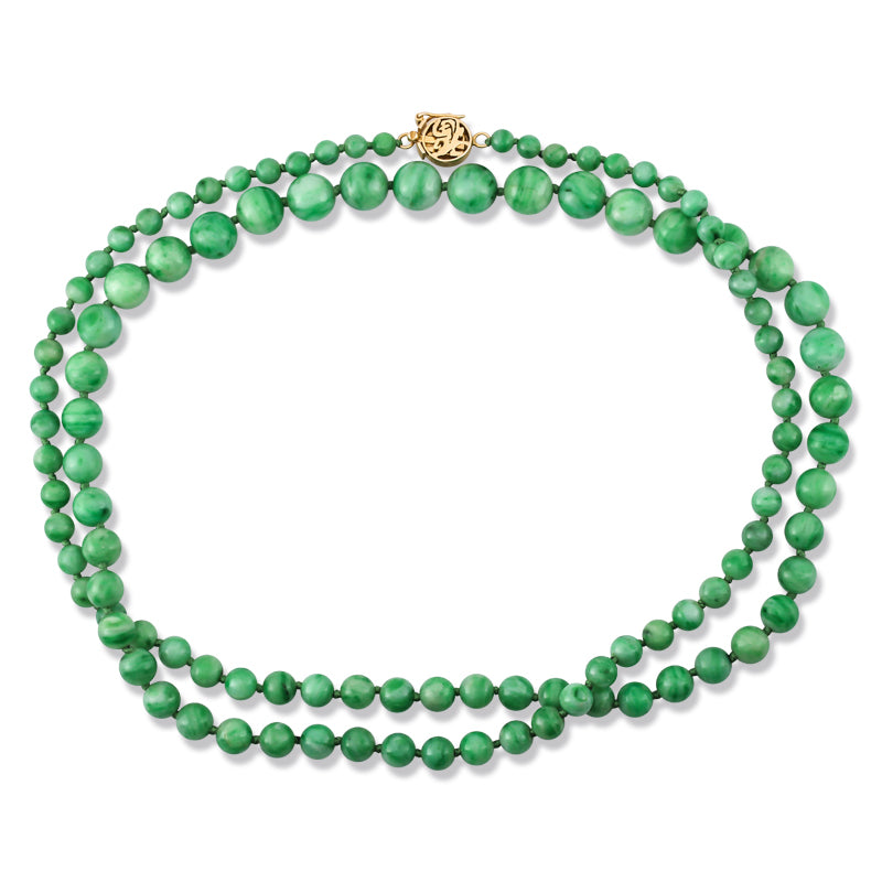 ESTATE 14K YELLOW GOLD GREEN JADEITE JADE GRADUATED BEAD NECKLACE UPC #024199