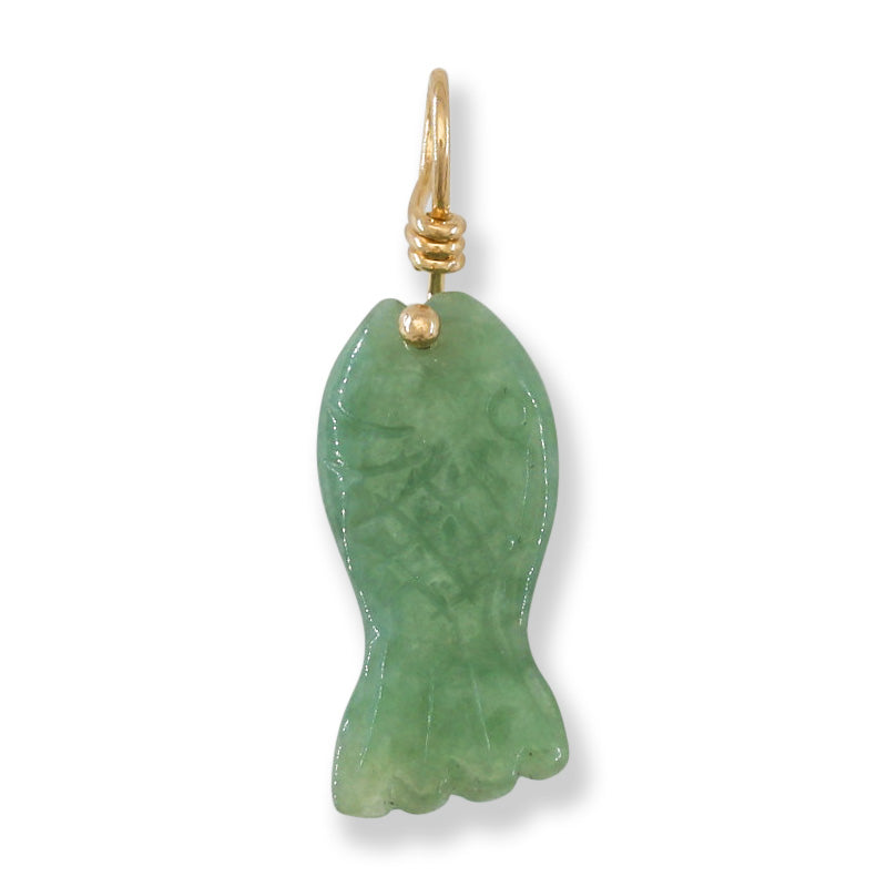 Green Jadeite Jade Carved Fish on a Hook 14k Yellow Gold Pendant