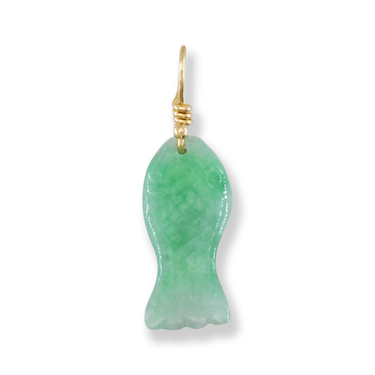 Green Jadeite Jade Carved Fish on a Hook 14k Yellow Gold Pendant | UPC #126008