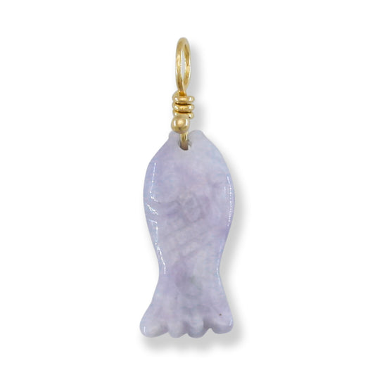 Lavender Jadeite Jade Carved Fish on a Hook 14k Yellow Gold Pendant | UPC #404304