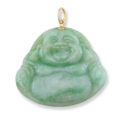 Large Green Jadeite Jade Carving 14K Yellow Gold  | Jade Buddha Pendant | UPC #406322
