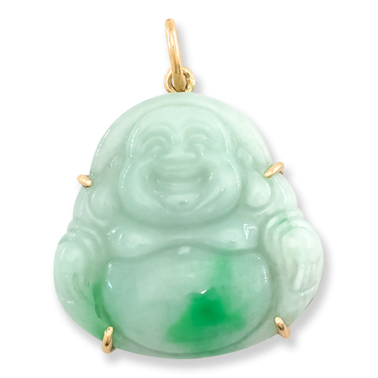 14K Yellow Gold Green Jadeite Jade Carving | Jade Buddha Pendant | UPC #406278