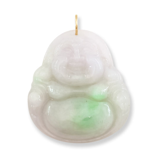 White & Green Jadeite Jade Carving 14K Yellow Gold  | Jade Buddha Pendant | UPC #071506