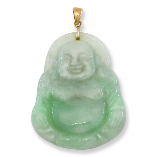 Green Jadeite Jade Carved 14K Yellow Gold Buddha Pendant | UPC #397750