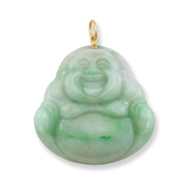 Large Green Jadeite Jade Carving 14K Yellow Gold  | Jade Buddha Pendant | UPC #071520