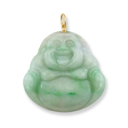 Large Green Jadeite Jade Carving 14K Yellow Gold  | Jade Buddha Pendant | UPC #071520