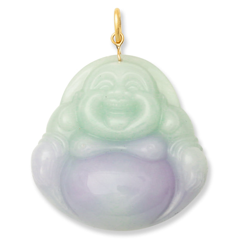 GREEN & LAVENDER JADEITE JADE 18K YELLOW GOLD CARVED BUDDHA PENDANT UPC #397101