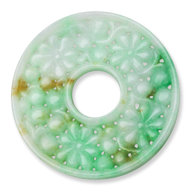GREEN JADEITE JADE LOOSE CARVED FLORAL PI DISC PENDANT UPC #394643