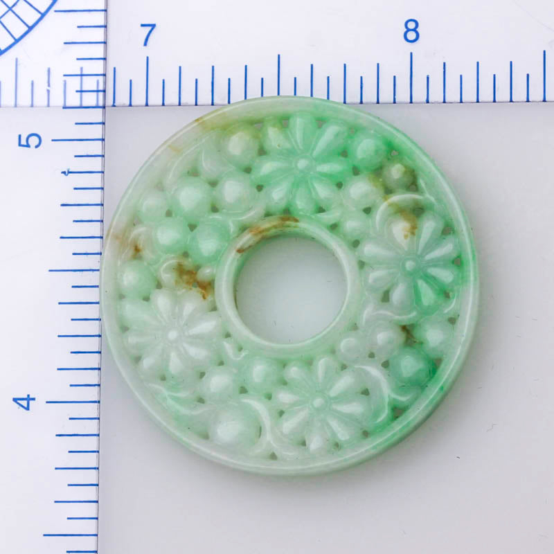GREEN JADEITE JADE LOOSE CARVED FLORAL PI DISC PENDANT UPC #394643