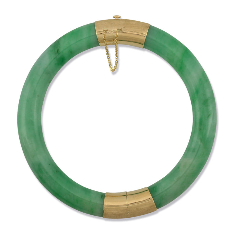14K Yellow Gold Green Jadeite Jade Hinge and Clasp Bangle Size 67.7MM | UPC #382022