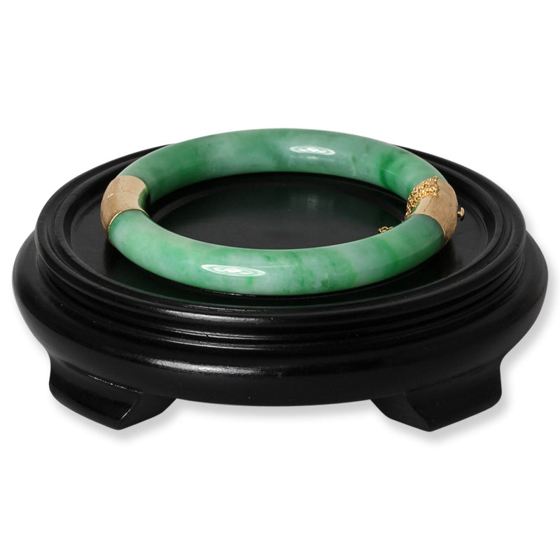14K Yellow Gold Green Jadeite Jade Hinge and Clasp Bangle Size 67.7MM | UPC #382022