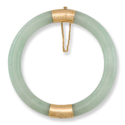 Green Jadeite Jade Cylindrical Hinge & Clasp 14k Yellow Gold Bangle 56.2MM | UPC #092143