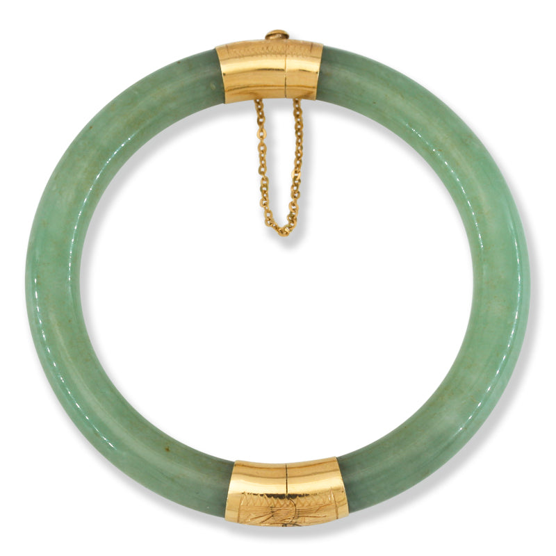 Vintage Green Jadeite Jade Cylindrical Hinge & Clasp 14k Yellow Gold Bangle 54.4MM | UPC #401457