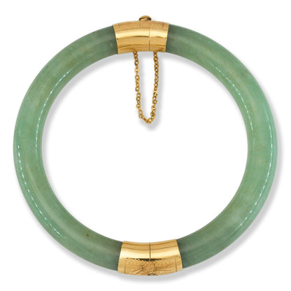 Vintage Green Jadeite Jade Cylindrical Hinge & Clasp 14k Yellow Gold Bangle 54.4MM | UPC #401457