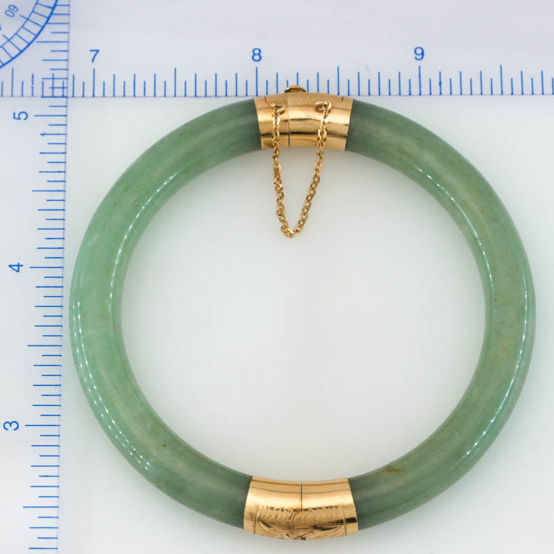 Vintage Green Jadeite Jade Cylindrical Hinge & Clasp 14k Yellow Gold Bangle 54.4MM | UPC #401457