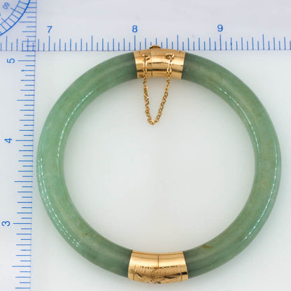Vintage Green Jadeite Jade Cylindrical Hinge & Clasp 14k Yellow Gold Bangle 54.4MM | UPC #401457