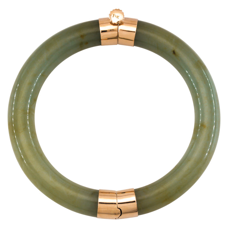 Vintage Green Jadeite Jade Cylindrical Hinge & Clasp 14k Yellow Gold Bangle 61.2MM | UPC #029552