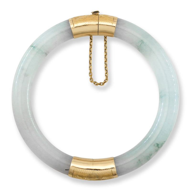Vintage Green Jadeite Jade Cylindrical Hinge & Clasp 14k Yellow Gold Bangle 55.8MM | UPC #371224