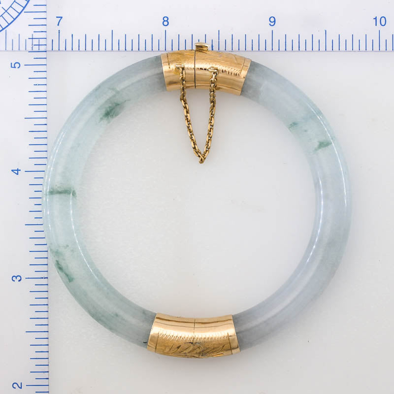 Vintage Green Jadeite Jade Cylindrical Hinge & Clasp 14k Yellow Gold Bangle 55.8MM | UPC #371224