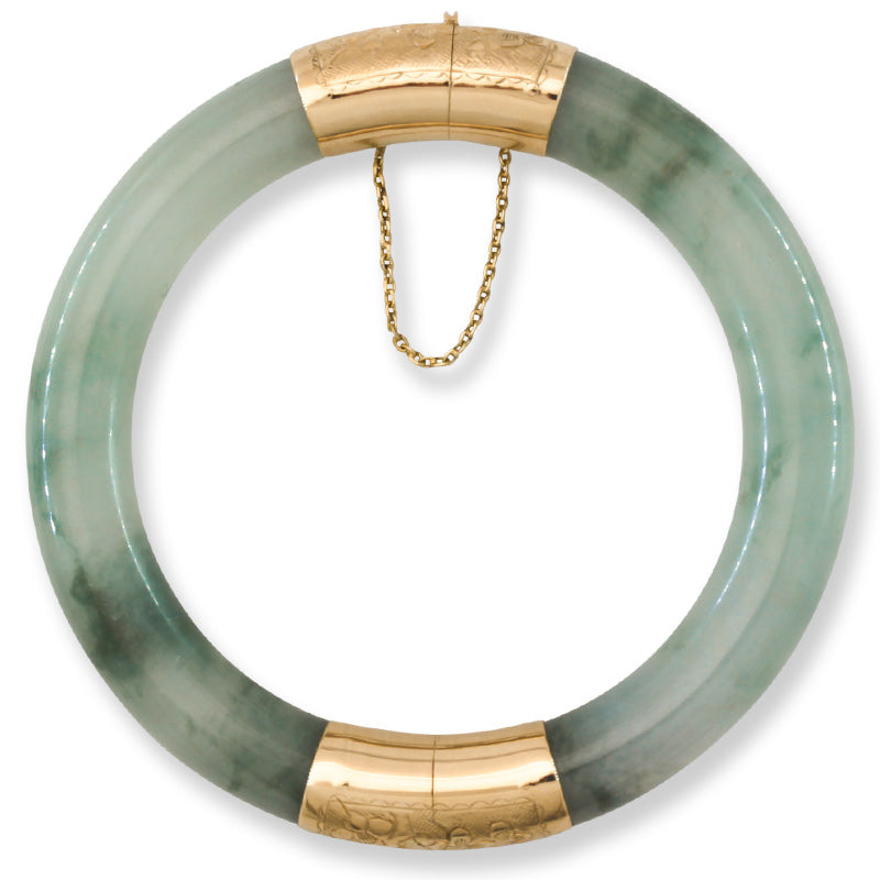 Vintage Green Jadeite Jade Cylindrical Hinge & Clasp 14k Yellow Gold Bangle 58.9MM | UPC #365964