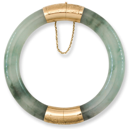 Vintage Green Jadeite Jade Cylindrical Hinge & Clasp 14k Yellow Gold Bangle 58.9MM | UPC #365964