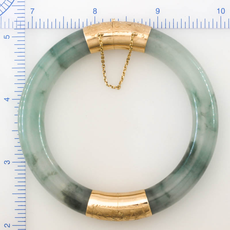 Vintage Green Jadeite Jade Cylindrical Hinge & Clasp 14k Yellow Gold Bangle 58.9MM | UPC #365964
