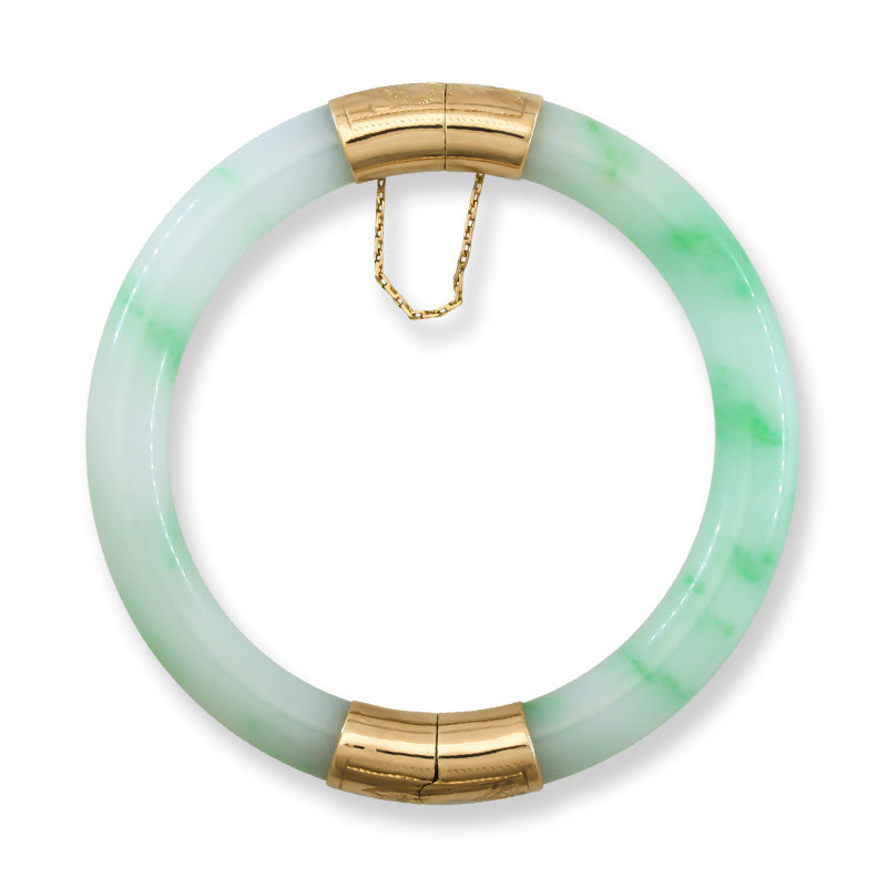Vintage Green and White Jadeite Jade Cylindrical Hinge & Clasp 14k Yellow Gold Bangle 59.2MM | UPC #408074