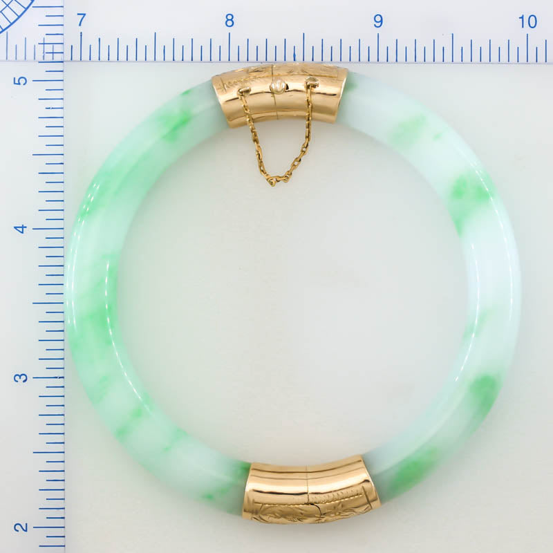 Vintage Green and White Jadeite Jade Cylindrical Hinge & Clasp 14k Yellow Gold Bangle 59.2MM | UPC #408074