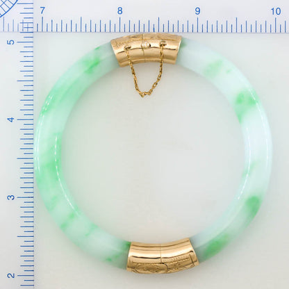 Vintage Green and White Jadeite Jade Cylindrical Hinge & Clasp 14k Yellow Gold Bangle 59.2MM | UPC #408074