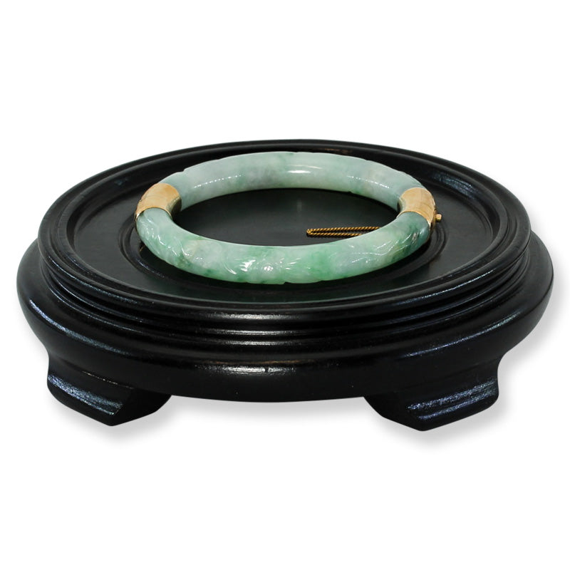 Vintage Green Jadeite Jade Carved Cylindrical Hinge & Clasp 14k Yellow Gold Bangle 56.1MM | UPC #243248