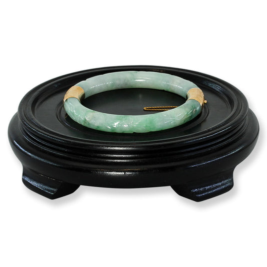 Vintage Green Jadeite Jade Carved Cylindrical Hinge & Clasp 14k Yellow Gold Bangle 56.1MM | UPC #243248