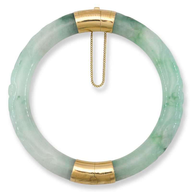 Vintage Green Jadeite Jade Carved Cylindrical Hinge & Clasp 14k Yellow Gold Bangle 56.1MM | UPC #243248
