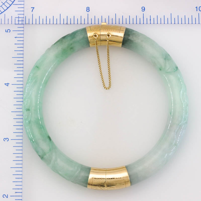 Vintage Green Jadeite Jade Carved Cylindrical Hinge & Clasp 14k Yellow Gold Bangle 56.1MM | UPC #243248