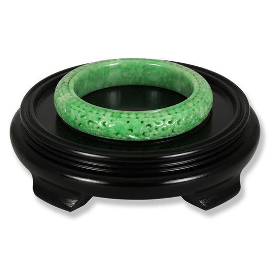 Green Jadeite Jade Bangle Bracelet with Carving | UPC #383395